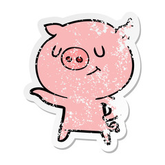 distressed sticker of a happy cartoon pig