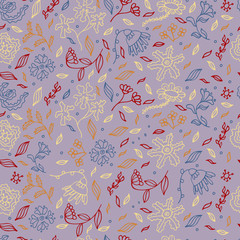 Naklejka premium Colored abstract seamless flower pattern. Doodle floral drawing textile design in doodle style, summe background. Colorful endless surface texture. illustration