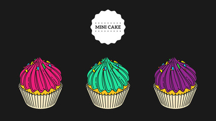 Mini cake's set, cream twirl, cup cake, illustration stencil