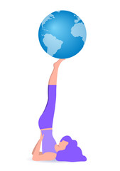 Beautiful  girl doing exercise with ball,young woman doing a handstand, vector illustration, flat design