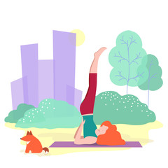 vector illustration of cute girl doing yoga in city Park, young woman doing exercise, flat design