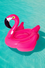 3d pink flamingo, tropical bird shape inflatable swimming pool ring, tube, float. Summer vacation...