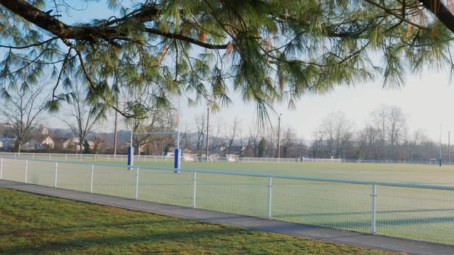 Slow motion dolly shot of discovering rugby pitch under nice leaves of a tree.