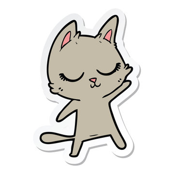 sticker of a calm cartoon cat waving