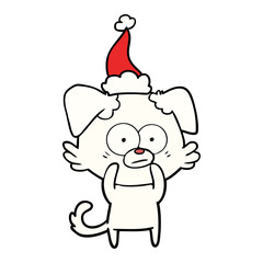 nervous dog line drawing of a wearing santa hat