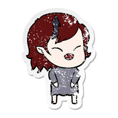 distressed sticker of a cartoon laughing vampire girl