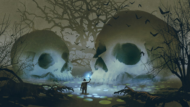 man with a magic torch walking in the haunted swamp, digital art style, illustration painting