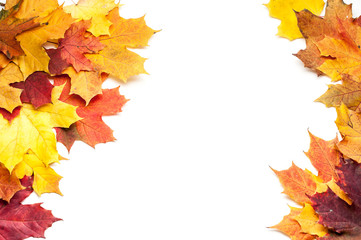 Naklejka na ściany i meble Autumn composition. Frame made of autumn leaves on white background.