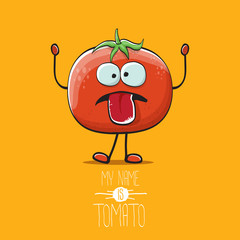 vector funny cartoon cute red tomato character isolated on orange background. My name is tomato. summer vegetable funky character