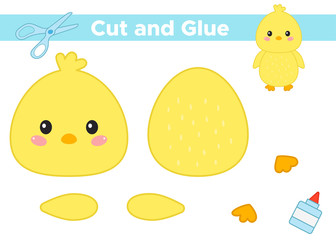 Education paper game for preschool kids. Create the applique cute cartoon kawaii chick. Cut and glue. Vector illustration.
