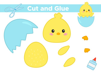 Education paper game for preschool kids. Create the applique cute cartoon kawaii chick in eggshell. Cut and glue. Vector illustration.