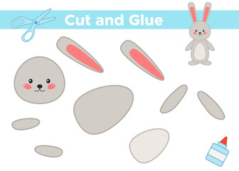 Education paper game for preschool kids. Create the applique cute cartoon kawaii rabbit. Cut and glue. Vector illustration.
