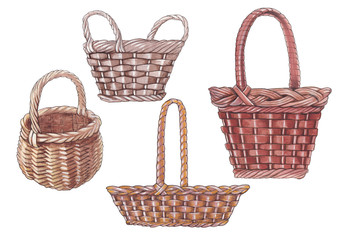 Wicker baskets isolated on white background.