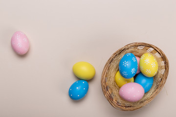 Colorfull easter eggs in nest on pastel color background with space. Concept