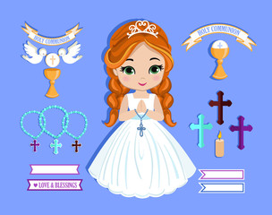 Set of design elements for First Communion for girls. Vector illustration for religious holidays.