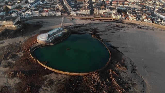 Aerial shot at Havre de Pas bathing pool at low tide.St. Helier, Jersey, Channel Islands
