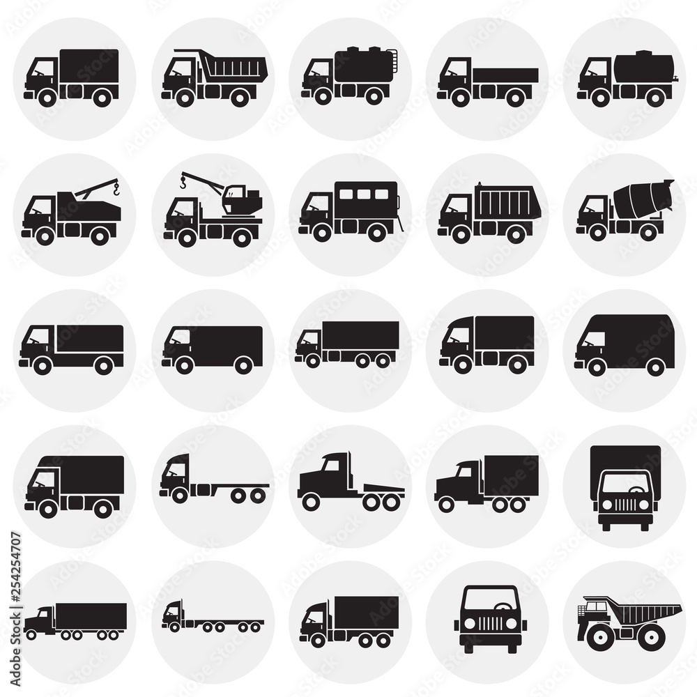 Poster truck icons set on circles background for graphic and web design. simple vector sign. internet conce