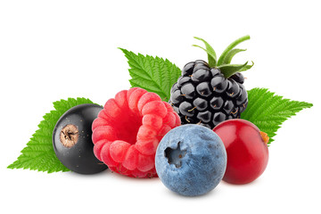 wild berries mix, raspberry, currant, blueberry, cranberry, blackberry, isolated on white background, clipping path, full depth of field