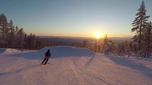 Video of a Skier that is doing some tricks on the park elements of the South Park in Levi, Finland.