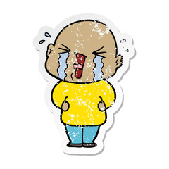 distressed sticker of a cartoon crying bald man