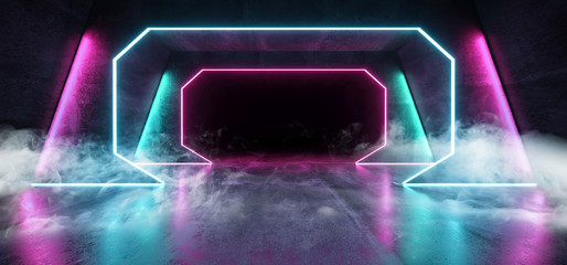 Smoke Neon Background Futuristic Sci Fi Cyberpunk Psychedelic Cosmic Luminous Purple Pink Blue Ultraviolet Laser Led Lights On Dark Grunge Concrete Tunnel Corridor 3D Rendering