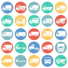 Truck icons set on color circles white background for graphic and web design. Simple vector sign. Internet concept symbol for website button or mobile app.