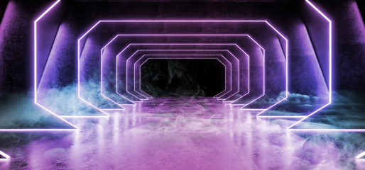 Smoke Neon Background Futuristic Sci Fi Cyberpunk Psychedelic Cosmic Luminous Purple Pink Blue Ultraviolet Laser Led Lights On Dark Grunge Concrete Tunnel Corridor 3D Rendering