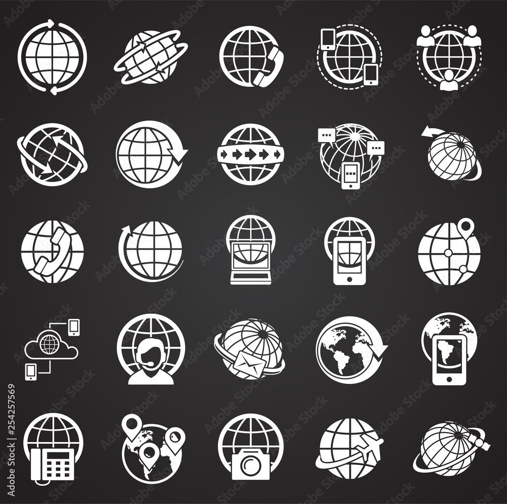 Poster globe related icons set on black background for graphic and web design. simple vector sign. internet