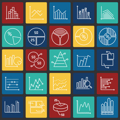 Graph line icons set on color squares background for graphic and web design. Simple vector sign. Internet concept symbol for website button or mobile app.