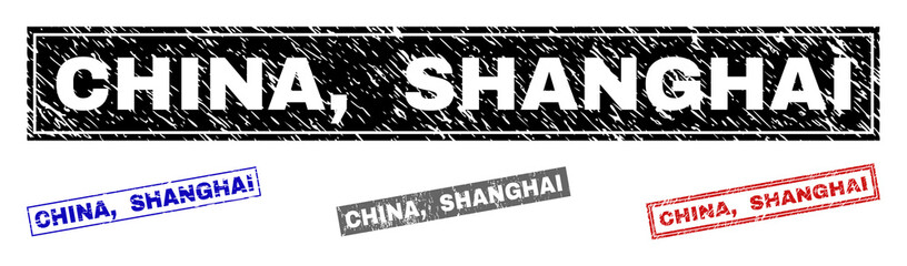 Grunge CHINA, SHANGHAI rectangle stamp seals isolated on a white background. Rectangular seals with grunge texture in red, blue, black and grey colors. Vector rubber watermark of CHINA,