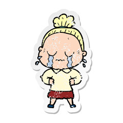 distressed sticker of a cartoon crying old lady