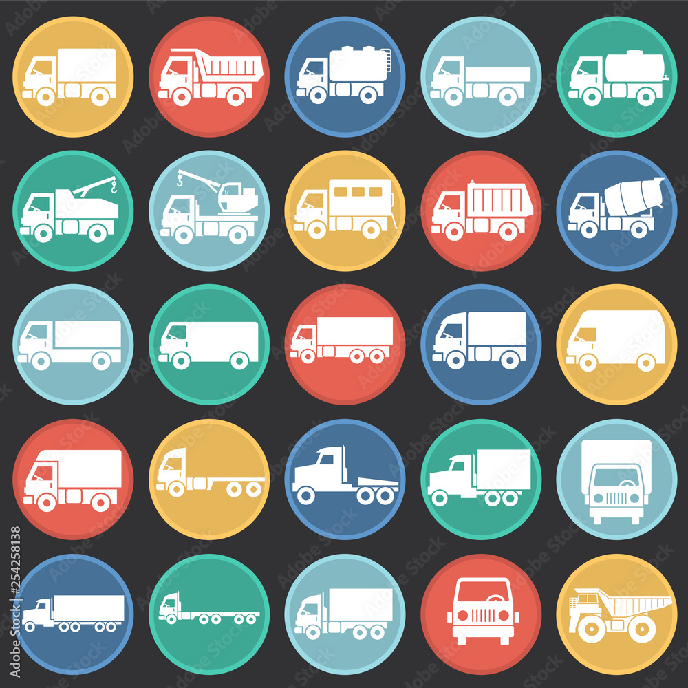 Poster truck icons set on color circles black background for graphic and web design. simple vector sign. in