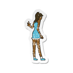 retro distressed sticker of a cartoon woman waving