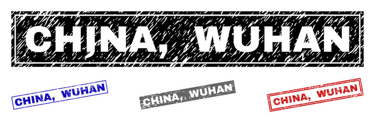 Grunge CHINA, WUHAN rectangle stamp seals isolated on a white background. Rectangular seals with grunge texture in red, blue, black and gray colors. Vector rubber overlay of CHINA,