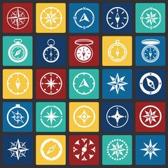 Compass icons set on color squares background for graphic and web design. Simple vector sign. Internet concept symbol for website button or mobile app.