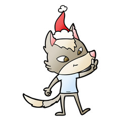 friendly gradient cartoon of a wolf giving peace sign wearing santa hat