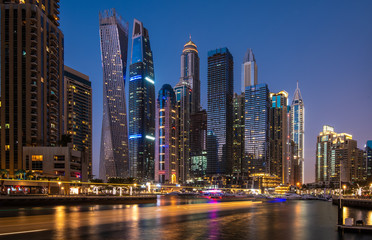 Fototapeta na wymiar Dubai Marina skyscrapers in the night illumination
