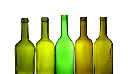 Empty green glass wine bottles isolated on white