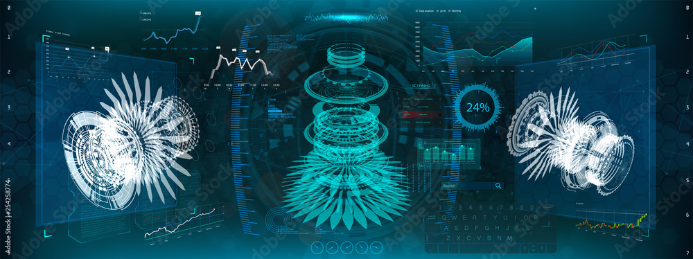 Aufkleber Gear engineering, 3D isometric. HUD UI design. Head up display, futuristic engineering with infographics and statistics of data gear in style HUD. Modern technology elements for game, GUI, UI 