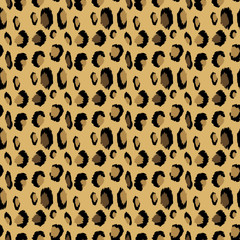 Fototapeta na wymiar Leopard pattern. Seamless vector print. Realistic animal texture. Black and yellow spots on a beige background. Abstract repeating pattern - leopard skin imitation can be painted on clothes or fabric.