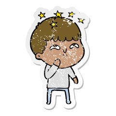 distressed sticker of a cartoon amazed boy