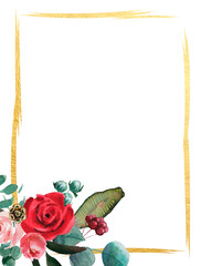 Wedding bridal watercolor frame, red and pink and green flowers wreath ornament