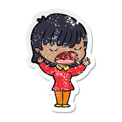 distressed sticker of a cartoon woman talking loudly