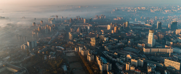 Aerial view of the city in dense fog