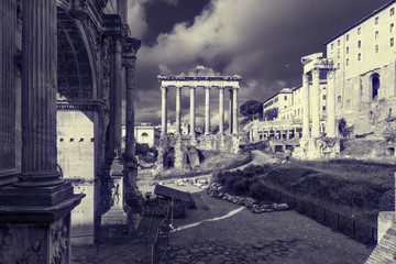 Roman Forum with temple of Saturn view