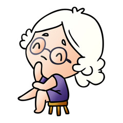 gradient cartoon of a cute kawaii lady thinking