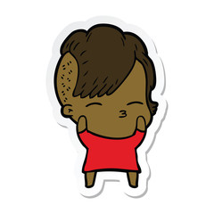 sticker of a cartoon squinting girl