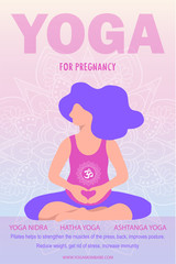 Vector illustration of a young pregnant woman sitting in a Lotus position . Yoga for pregnant women, flat design