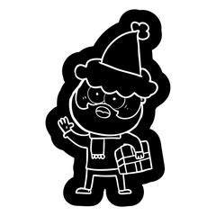 cartoon icon of a bearded man with present wearing santa hat