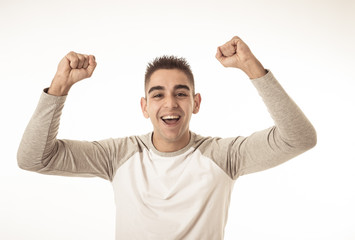 Fototapeta premium Close up portrait of surprised and happy man celebrating victory and wining lottery